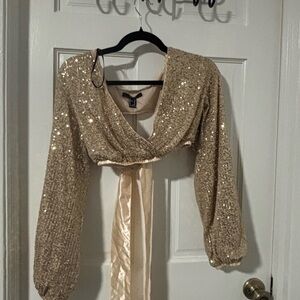 Forever 21 Gold Sequin Long Sleeve Wrap Blouse